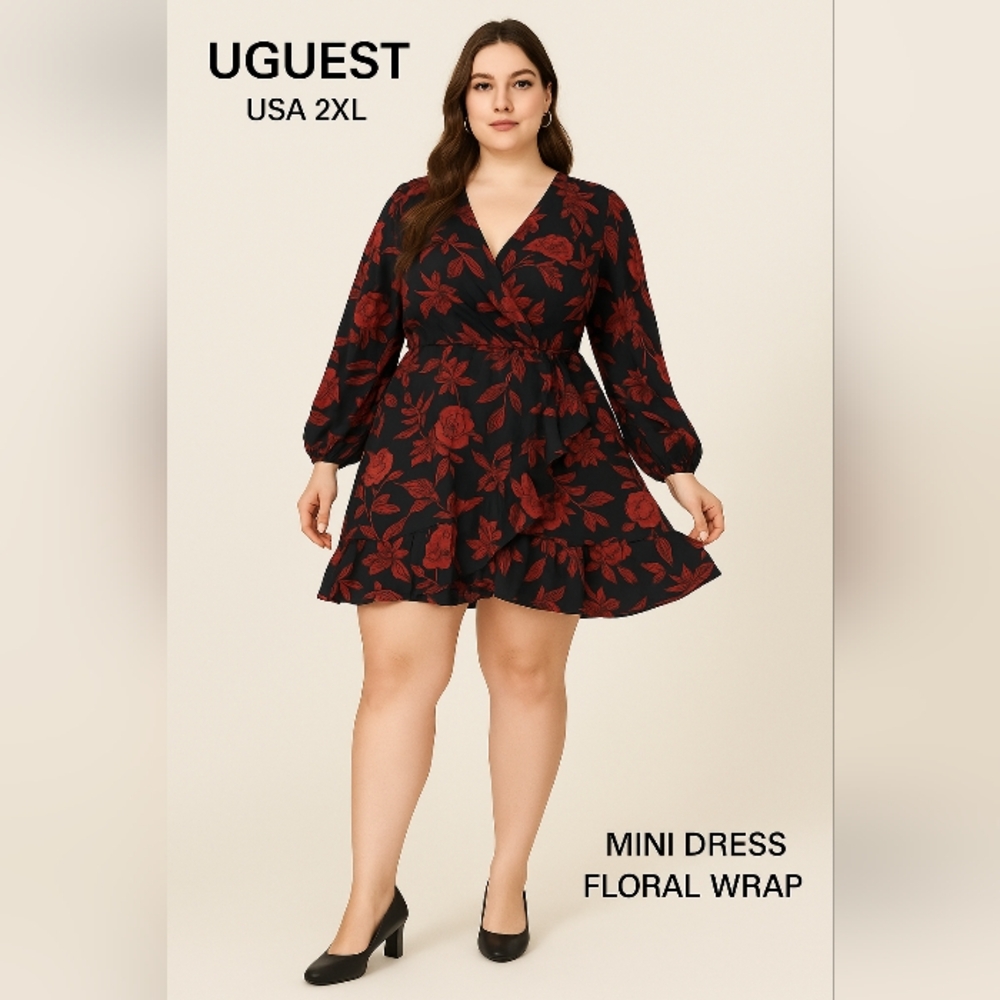 Uguest Women's Wrap Mini Dress 2XL Black Red Floral Polyester Spandex